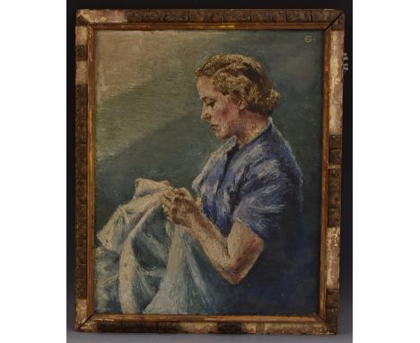 English School (20th century)A Portrait of Gertrude Wadesigned with monogram, titled to verso, oil on board, 53cm x 42.5cm 