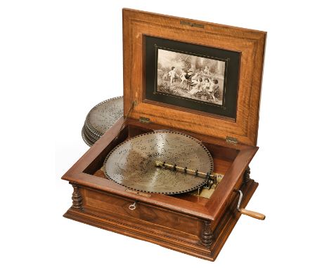 Plattenspieldose Polyphon Nr. 44, um 1900Polyphon Musikwerke, Leipzig. Nr. 28206, für Blechplatten Ø 39,8 cm, 154-toniger Dop