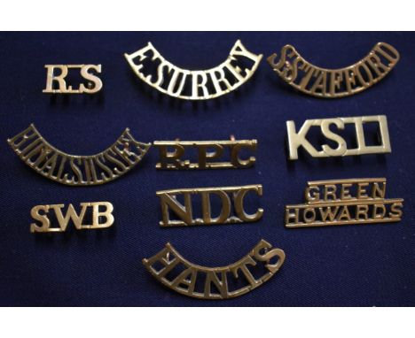 British Army Shoulder Titles (10) including: Royal Sussex, Royal Scots, South Stafford, East Surrey, Hants, South Wales Borde