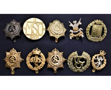 British Military Cap Badges (10) including: Royal Army Service Corps (4), Queen's Bays, 3rd Carabiniers, British Army on the 