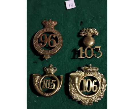 British Regiment of Foot Glengarry Badges (4) 96th (Manchester) Regt of Foot, 103rd (Royal Bombay Fusiliers) Regt of Foot, 10