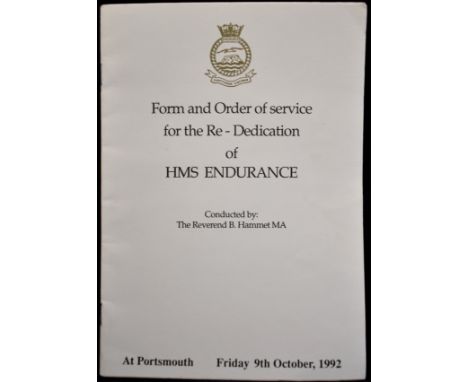 Form and Order of Service for the Re-Dedication of HMS Endurance, conducted by: The Reverend B. Hammet MA at Portsmouth, Frid