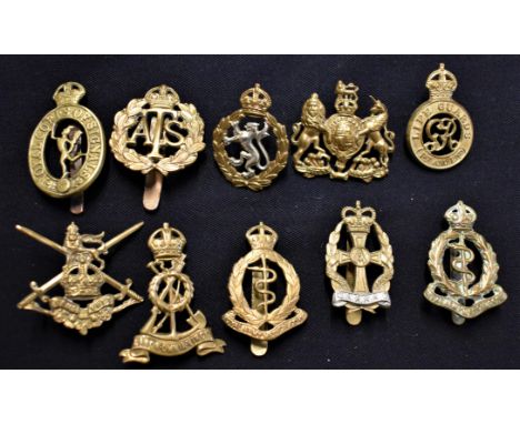British Military Cap Badges (10) including: Royal Army Medical Corps, The Labour Corps, ATS, Royal Corps of Signals etc. 