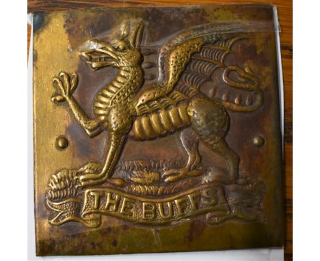 The Buffs (Royal East Kent Regiment) mystery item, possibly part of a bedplate or placard. Unusual brass plate in the design 