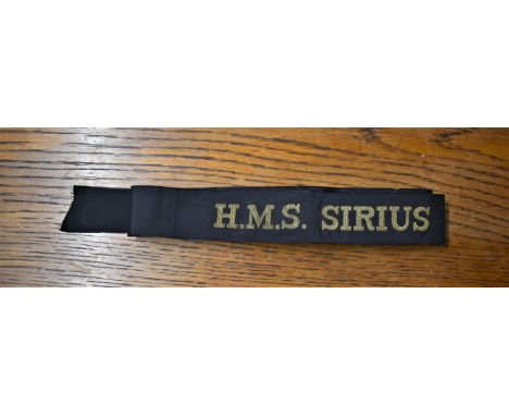 H.M.S. SIRIUS British Naval Cap Tally:- H.M.S. Sirius was a Dido-class light cruiser of the Royal Navy. She was built by Port