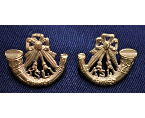 King's Own Shropshire Light Infantry Officers Collar Badges (Gilding-metal), a nice facing pair