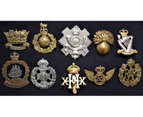 British Military Cap Badges (10) including: Drake Division, Highland Light Infantry, HOWE Division, Royal Irish Rangers, RAF 