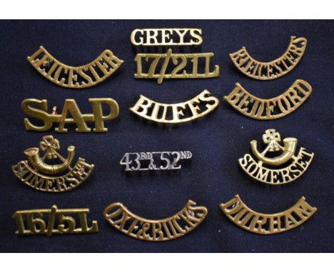 British Shoulder Titles (10) including: Bedford, Durham, Oxf &amp; Bucks, 16/5 Lancers, Sommerset Light Infantry, Leicester e