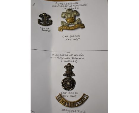 Pembrokeshire and Alexandra of Wales's Own Yorkshire Yeomanry (Hussars) Cap Badges with a Collar Badge and Shoulder Title. (B