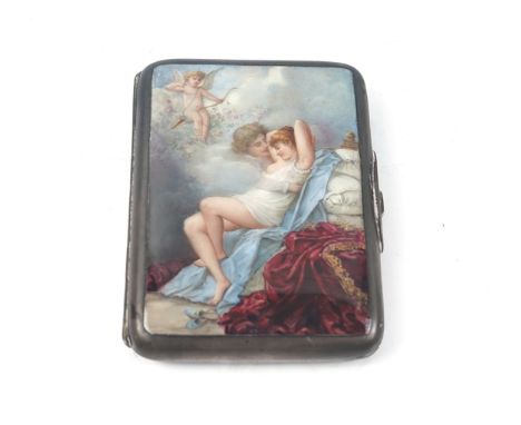 AN ENAMELLED RECTANGULAR CIGARETTE CASEThe front enameled with a semi-clad woman and her suitor, beneath a cherub, gilt withi