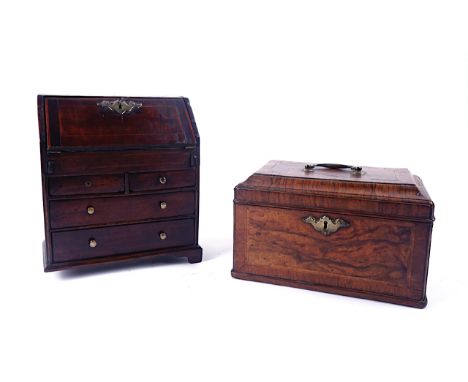 A GEORGE II WALNUT CROSSBANDED TEACADDY, LATER ADAPTED (2)The interior later subdivided, 24.5cm wide; 14.5cm high; together w