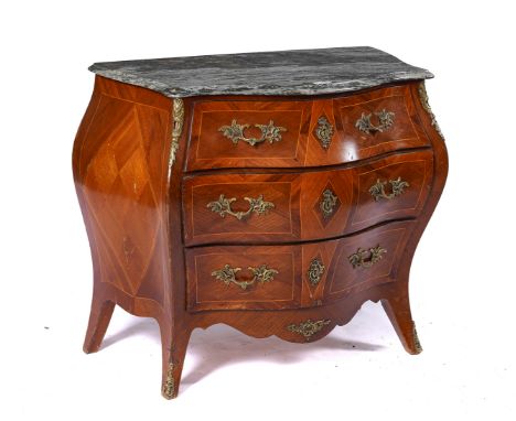 A LOUIS XV STYLE COMMODEThe serpentine marble top over a gilt metal mounted kingwood bombe three drawer base, 98cm wide; 80cm