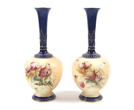 A PAIR OF ROYAL WORCESTER BOTTLE VASES (2)Circa 1898Each bulbous body decorated with poppies and insects against a blush ivor