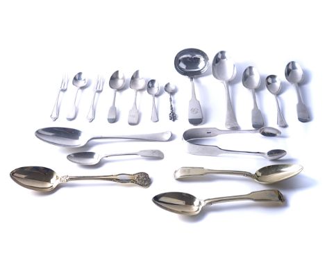 A GROUP OF MOSTLY SILVER TABLE FLATWARE (18)Comprising; a pair of bottom marked tablespoons (the hallmarks rubbed), three sil