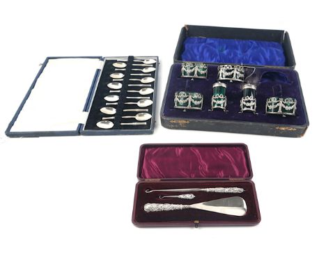 THREE CASED SILVER ITEMS (3)Comprising; twelve teaspoons with bamboo form handles, seven London 1965 and five  London 1963, c