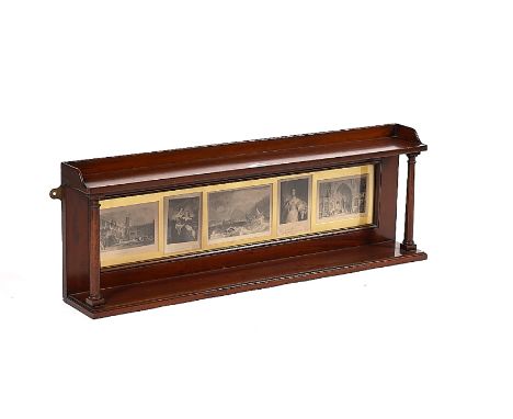 A 19TH CENTURY MAHOGANY TWO TIER HANGING WALL SHELFWith turned supports, 101cm wide; 35cm highCondition report:&nbsp;16cm dee