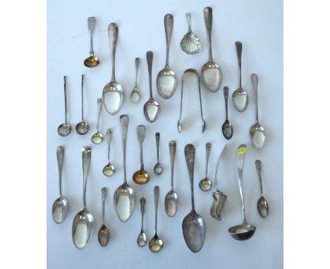 A QUANTITY OF SILVER TABLE FLATWARE (30)Comprising; five bottom marked dessert spoons (the hallmarks rubbed), a Scottish todd