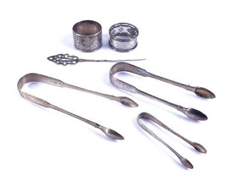 FIVE ITEMS OF SILVER AND FOREIGN WARES (6)Comprising; two pairs of silver fiddle pattern sugar tongs, a smaller pair of sugar