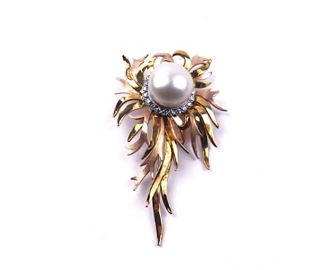 AN 18CT GOLD, DIAMOND AND CULTURED PEARL BROOCHOf abstract flaming design, the central cultured pearl measuring approximately