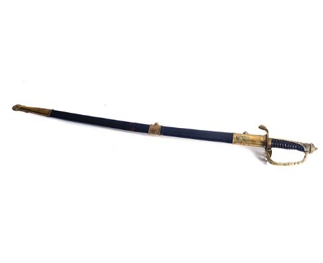 A FRENCH NAVAL OFFICER'S SWORDCirca 1870Slightly curved, fullered blade 27”, with narrow back fuller, marked “Colaux &amp; Ci