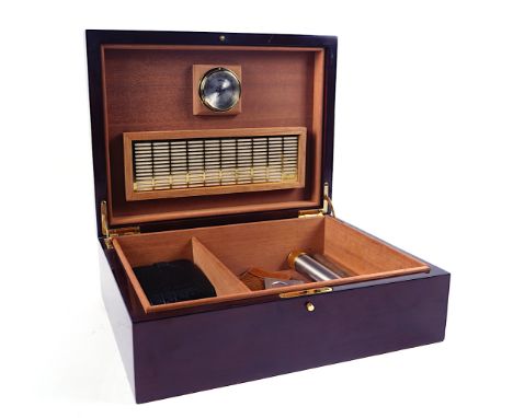 A HILLWOOD LAMINATED MAHOGANY CIGAR HUMIDOR AND FURTHER ITEMS (9)ModernThe humidor fitted with a hygrometer and removable hum