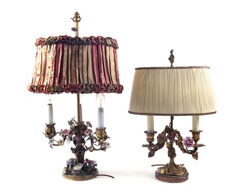 A FRENCH GILT-METAL AND PORCELAIN MOUNTED BOUILLOTTE LAMP AND ANOTHER SIMILAR (2)Early 20th CenturyThe three branch lamp with