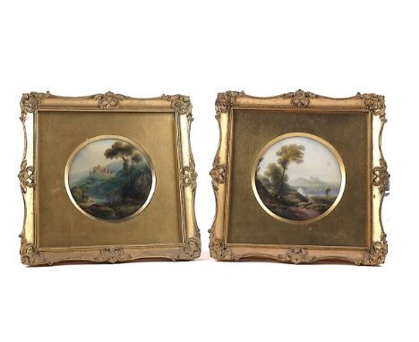 TWO ROYAL WORCESTER CIRCULAR PLAQUES BY HARRY DAVIS (2)Circa 1920One painted with a castle on a hill with two figures seated 