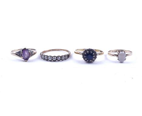 FOUR RINGS (4)Comprising; an 18ct gold, sapphire and diamond cluster ring, ring size O and a half, gross weight 3 gms, a Vict