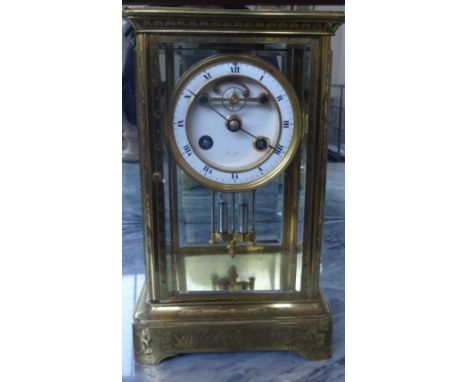 A FRENCH ENGRAVED BRASS FOUR GLASS TABLE REGULATOR CLOCKLate 19th CenturyWith stepped enamel dial, signed Henry Marc, Paris, 