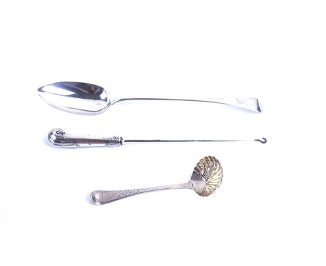 A GEORGE III SILVER OLD ENGLISH PATTERN BASTING SPOON AND TWO FURTHER ITEMS (3)The basting spoon engraved with two crests, Lo