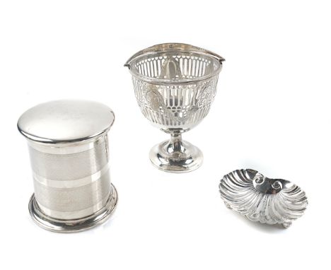 A SILVER SUGAR BASKET AND TWO FURTHER ITEMS (3)The sugar basket of vase form, pierced and engraved with oval medallions and f