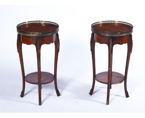 A PAIR OF LOUIS XV STYLE WALNUT AND MARQUETRY OCCASIONAL TABLES  (2)With gilt metal appliqués, the circular tops with brass g