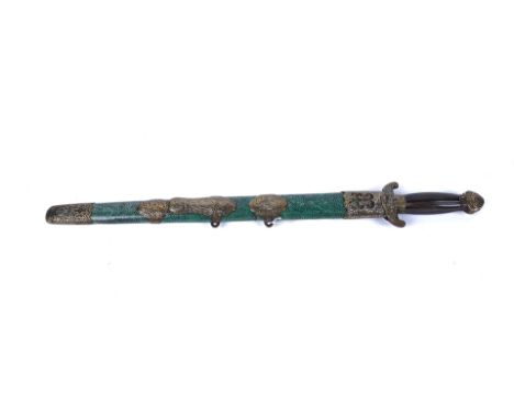 A CHINESE DOUBLE SWORD19th CenturyEach having a 42cm double edged blade with horn handles and brass mounts, enclosed within a