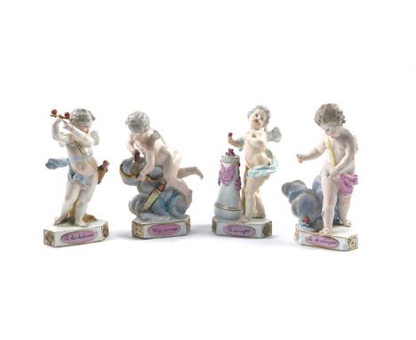 FOUR MEISSEN `DEVISENKINDER' PUTTI (4)19th centuryModelled after Acier, each as a putto emblematic of love on a canted triang