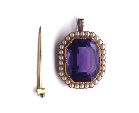A GOLD, AMETHYST AND SEED PEARL SET PENDANT BROOCH (2 including pin)Mounted with a cut cornered rectangular amethyst to the c