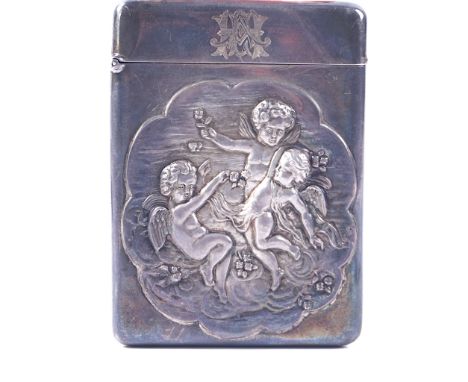 A SILVER RECTANGULAR VISITING CARD CASEThe front decorated with a group of cherubs with flowers within a shaped oval surround