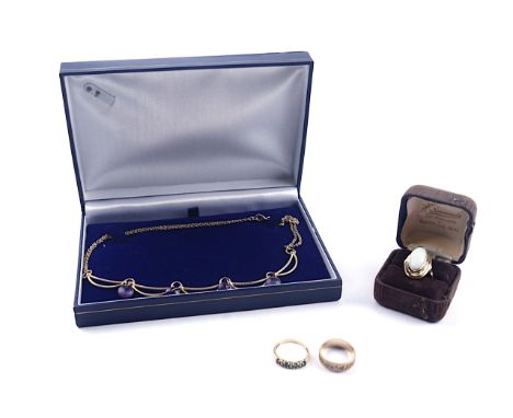 THREE GOLD RINGS AND A NECKLACE (4)Comprising; a gold ring, collet set with an oval opal, detailed 585, ring size K, gross we