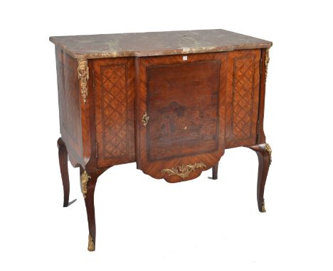 DRUCE &amp; Co.; A LOUIS XVI STYLE KINGWOOD AND TULIPWOOD MARQUETRY COMMODEWith breakfront marble top over a gilt-metal mount