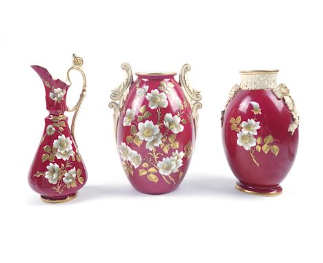 TWO GRAINGER'S WORCESTER VASES AND A EWER (3)Circa 1898Each painted with white dog roses with gilt stems and leaves against a
