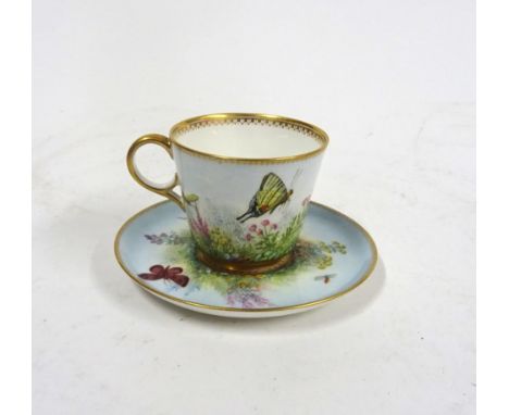 A COPELAND BONE CHINA COFFEE CUP AND SAUCER BY C.F.HÜRTEN (2)Circa 1885Painted with butterflies hovering above flowers and gr