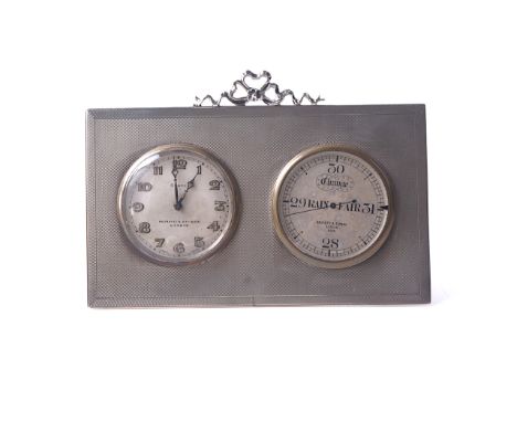 A NEGRETTI &amp; ZAMBRA, LONDON SILVER MOUNTED CLOCK/BAROMETERThe keyless wind clock having Arabic numerals to the dial and d