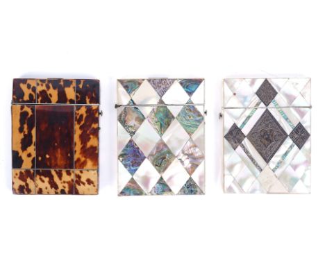 THREE VISITING CARD CASES (3)19th CenturyComprising; two mother of pearl and abalone shell cases and a tortoiseshell and silv