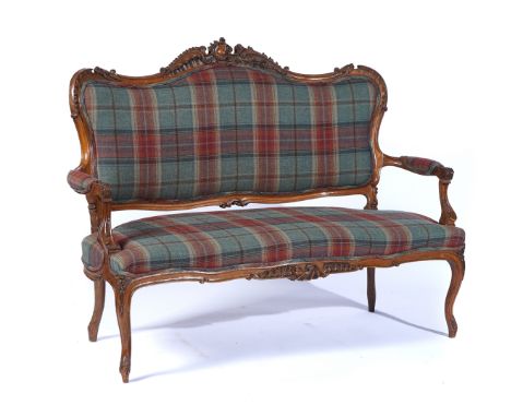 A LOUIS XV STYLE CARVED WALNUT FRAMED OPEN ARM SOFAWith serpentine seat, on cabriole supports, 150cm wide; 112cm highConditio