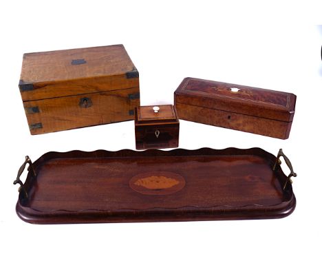A FRENCH INLAID AMBOYNA GLOVE BOX (4)32cm wide; a Victorian walnut writing slope converted to a humidor, 30cm wide, an inlaid