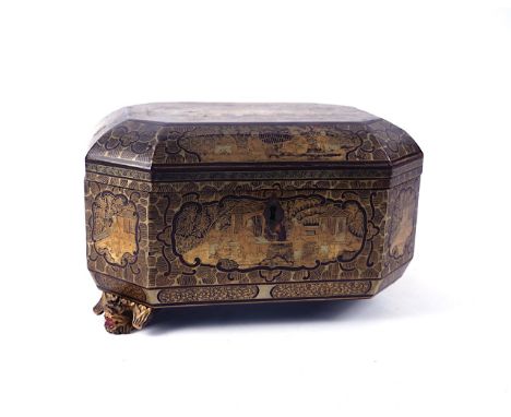 A 19TH CENTURY CHINESE EXPORT CHINOISERIE DECORATED TEA CADDYOf canted rectangular form, with twin lead lined canister interi