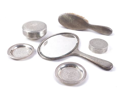 SIX ITEMS OF EGYPTIAN WARES (6)Comprising; a hand mirror, a hairbrush, a circular box and cover, detailed Marjorie, a smaller