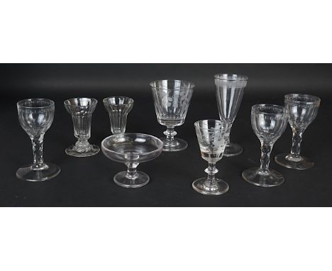 A GROUP OF GLASSWARE (9)18th/19th centuryComprising; three facet stemmed wine glasses with engraved `oxo' borders; a taller f