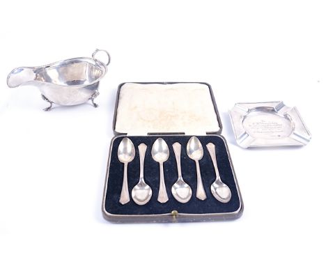 FIVE ITEMS OF SILVER AND PLATED WARES (5)Comprising; a set of six coffee spoons, Birmingham 1940, cased, a square ashtray, pr