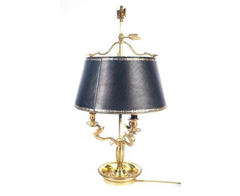A FRENCH EMPIRE STYLE GILT-METAL THREE-LIGHT BOUILOTTE LAMP20th CenturyWith adjustable shade height, the candle branches form