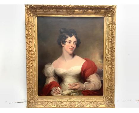 Attributed to James Saxon (fl. 1795-1828), Portrait of Mrs. Russell, half-length, in a white dress and red shawl, oil on canv